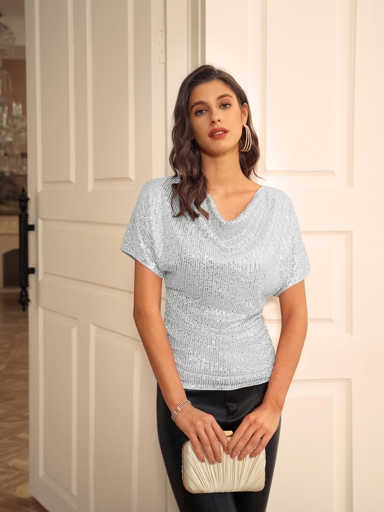 Frauen Off-Shoulder Silber Pailletten T-Shirt Elegante Kurzarm Party Tops Glitzernde Bluse Silber M