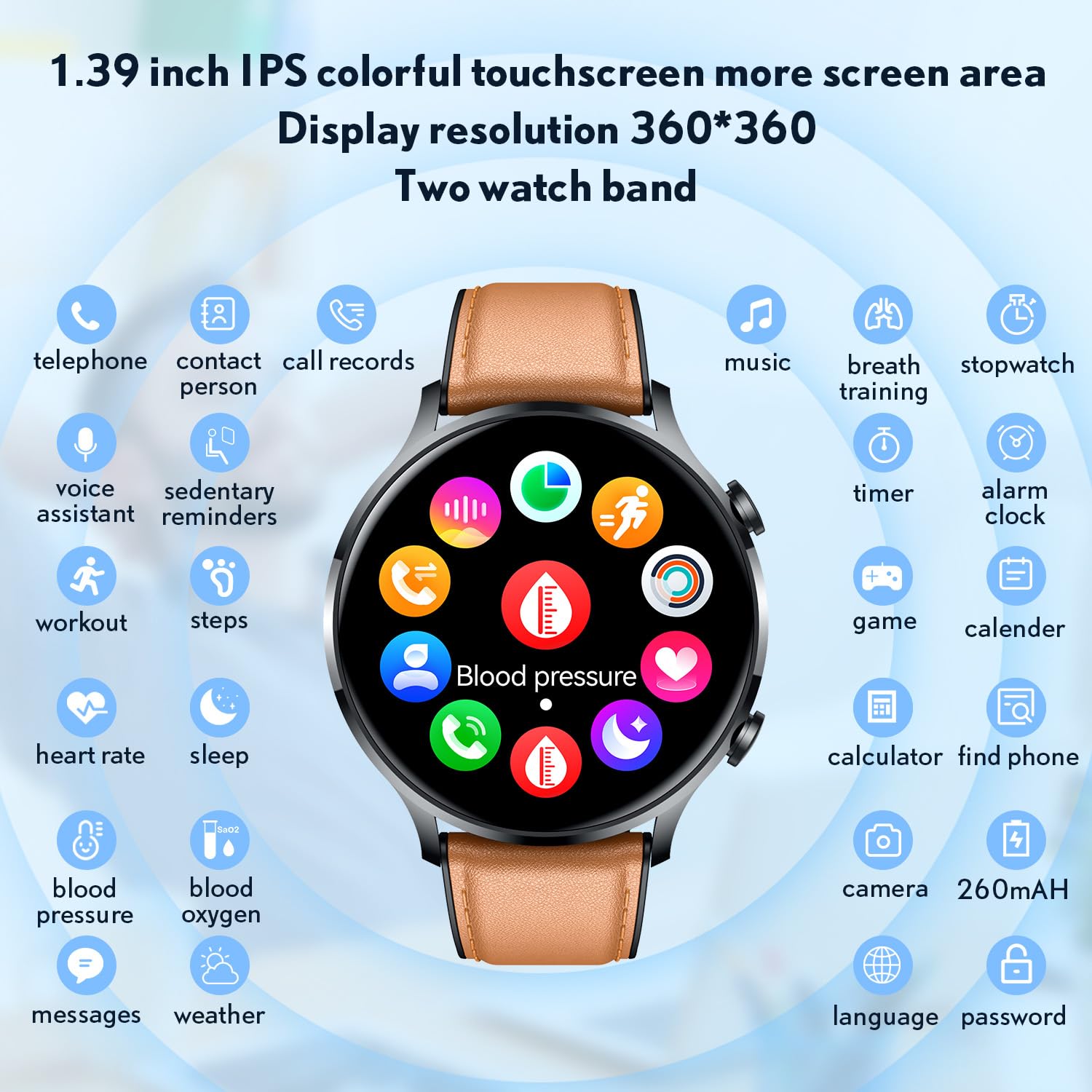 Smartwatch Fitnessuhr Armbanduhr Telefonfunktion Wasserdicht - 1,39" Runde Touchscreen Smart Watch Fitness Tracker Sportuhr mit Blutdruckmessung Schrittzähler Herzfrequenz Kompatibel Android mit iOS