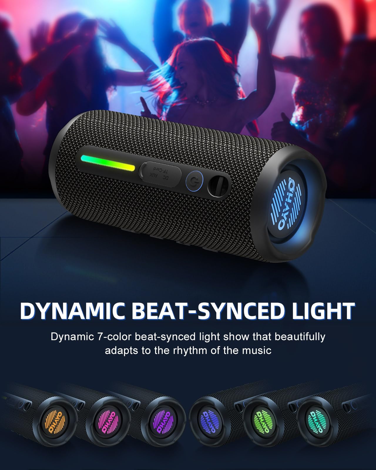 OHAYO Bluetooth Lautsprecher, Bluetooth Box mit RGB Licht, Musikbox mit Bluetooth 5.3, 3 Licht Modi, 30H Akku, IPX7 Wasserdicht, Outdoor Lautsprecher für Draußen, Party