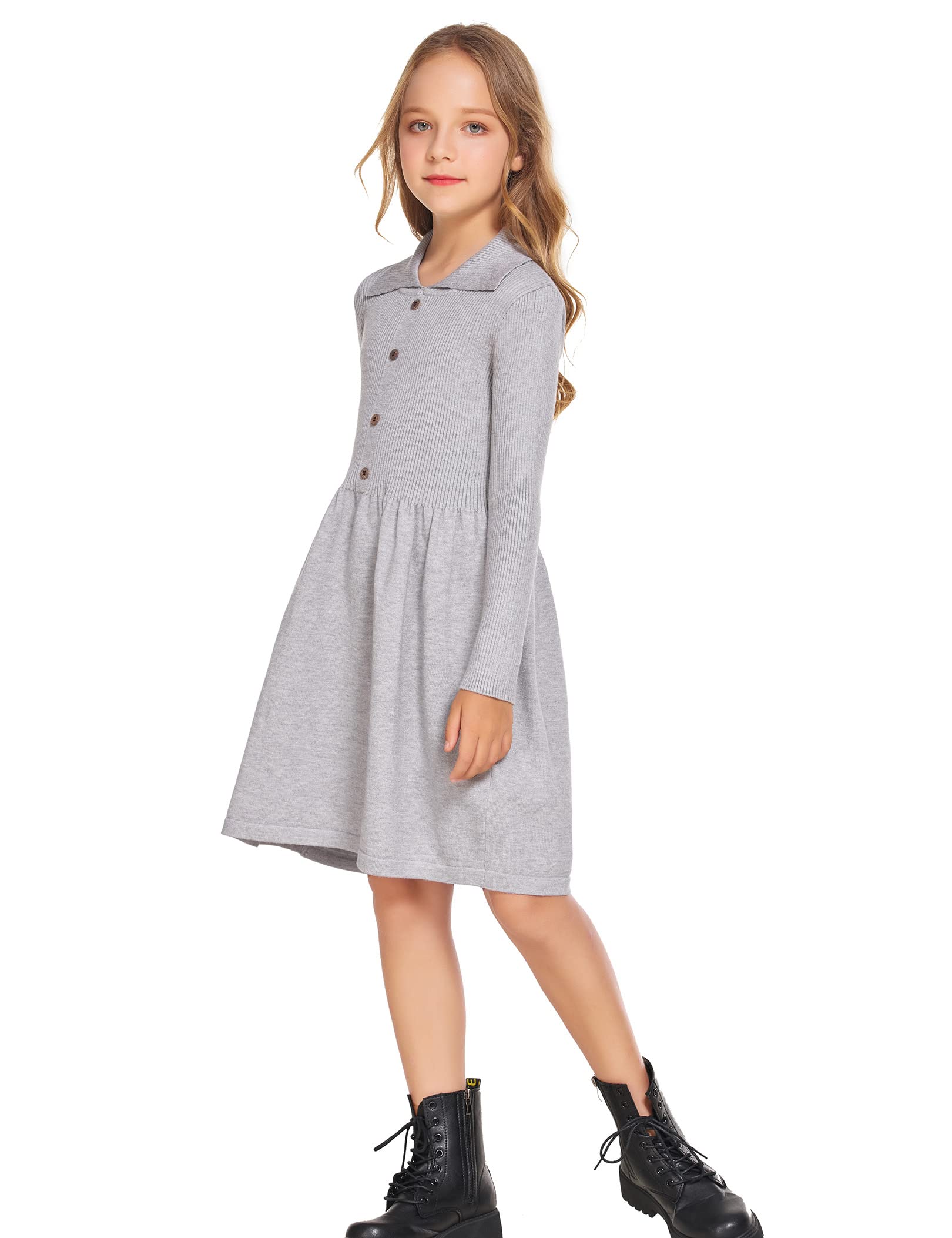 Flypigs Mädchen Pullover Kleid Langarm Strickkleid Herbst Winter Einfarbig Skaterkleid Festlich Elegant Freizeitkleid, Grau, 11-12 Jahre, 146 152