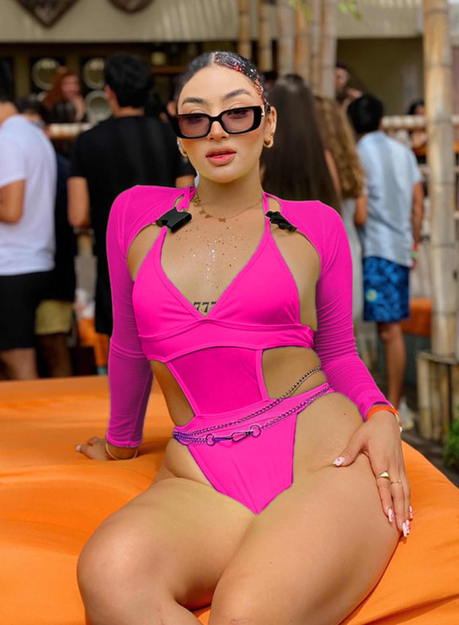 EVELUST Rave Outfits Für Damen - Festival Outfit Damen Sexy Neon Mesh Body Bodysuit Achselzucken Langarm Crop Tops Mit Schnalle Techno Klamotten Party Dance Badeanzug 2-Teilig(Rose,M,1017w)