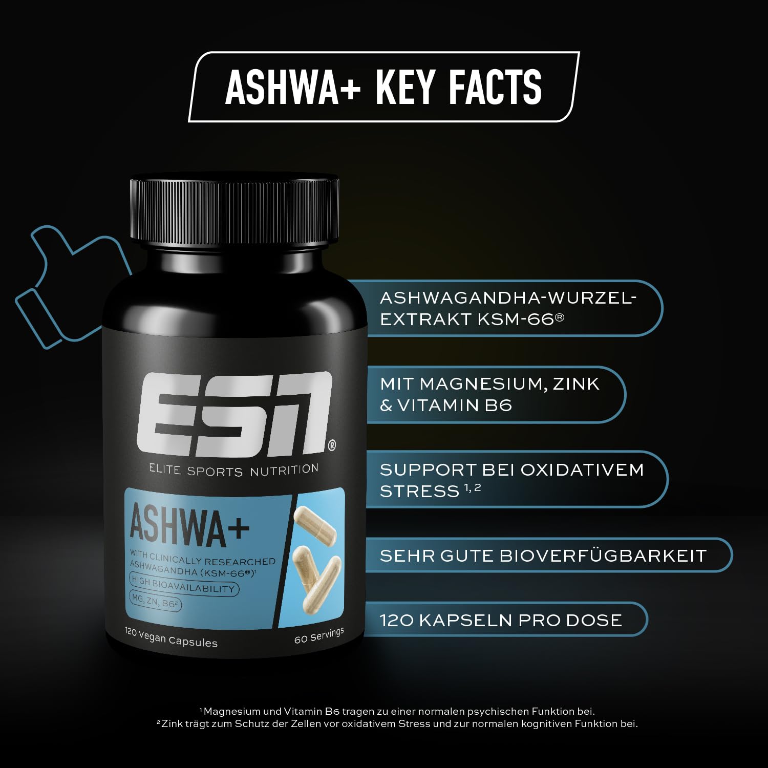 ESN Ashwa +, patentierter Ashwagandha Wurzelextrakt KSM-66®, 120 Kapseln, indische Schlafbeere, mit Anti-Stress Nährstoffen Magnesium, Vitamin B6 & Zink, vegan, geprüfte Qualität - made in Germany