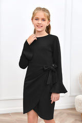 Haloumoning Mädchen Kleid Langarm Elegant Rüschen Strickkleid Rundhals Kinder Einfarbige Midikleid,Schwarz,9-10 Jahre