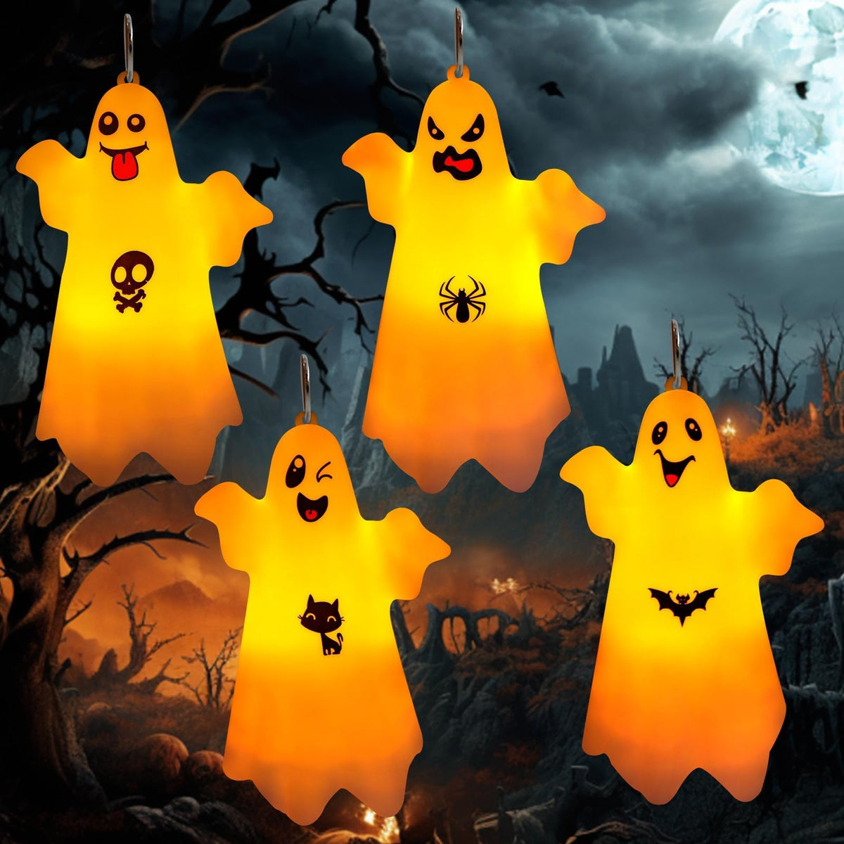 4 Stück Halloween Lichterketten Geist,Halloween Deko Licht,Geister Lichterkette,Halloween deko Outdoor,Hängende Geister mit Lichterketten,Halloween Lichterkette für Garten,Hof,Freien,Drinnen