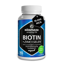 Biotin hochdosiert 10.000 mcg + Selen + Zink für Haarwuchs, Haut & Nägel, 365 vegane Tabletten für 1 Jahr, Nahrungsergänzung ohne Zusatzstoffe, Made in Germany