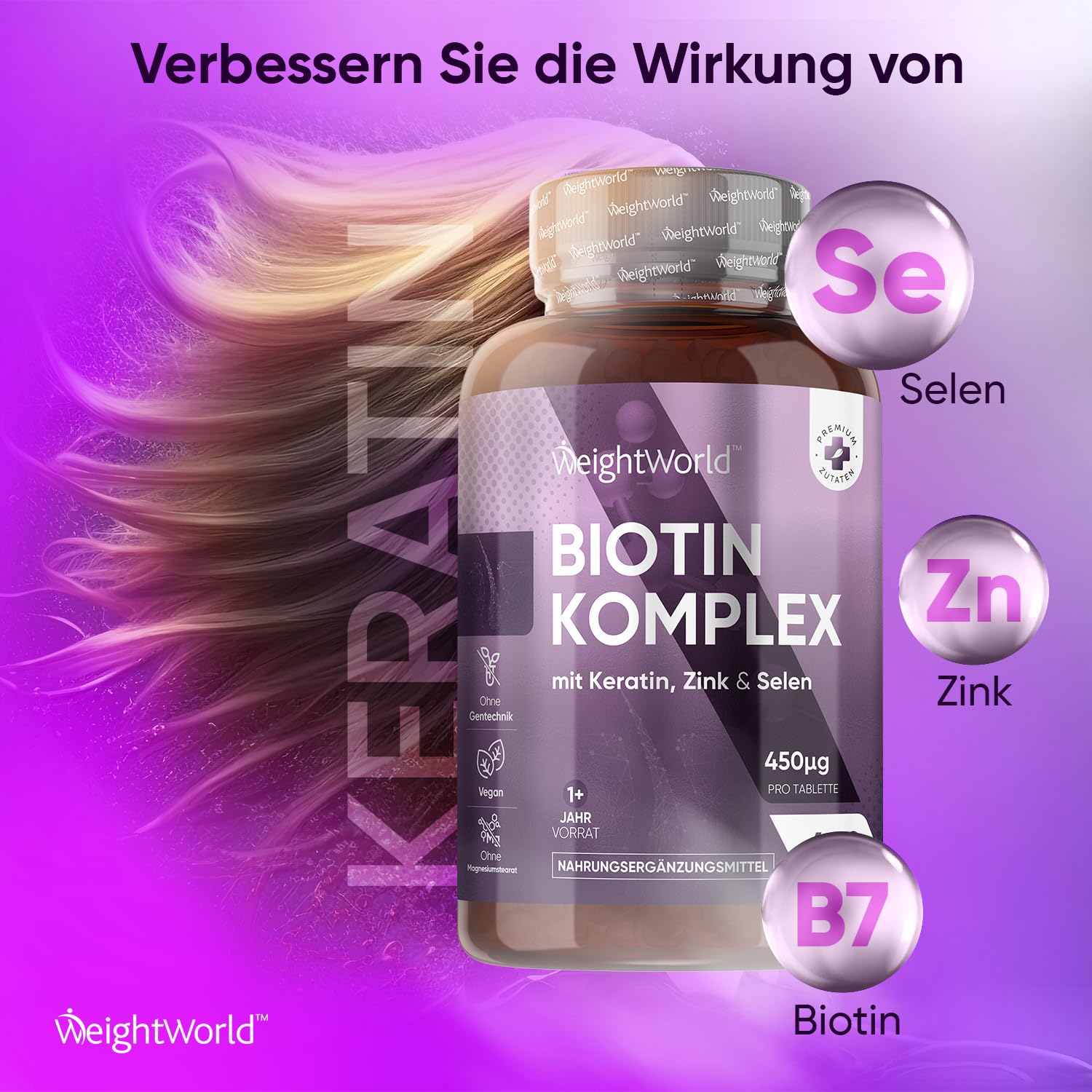 Biotin Gummibärchen 5000μg - Vitamin C & E für Haut, Haare, Nägel & Bart - 120 Gummies - Mit Folsäure, Selen, Jod, Vitamin A, B9, B12, B5 für Haarwachstum - Vitamin B7 (D-Biotin) - WeightWorld