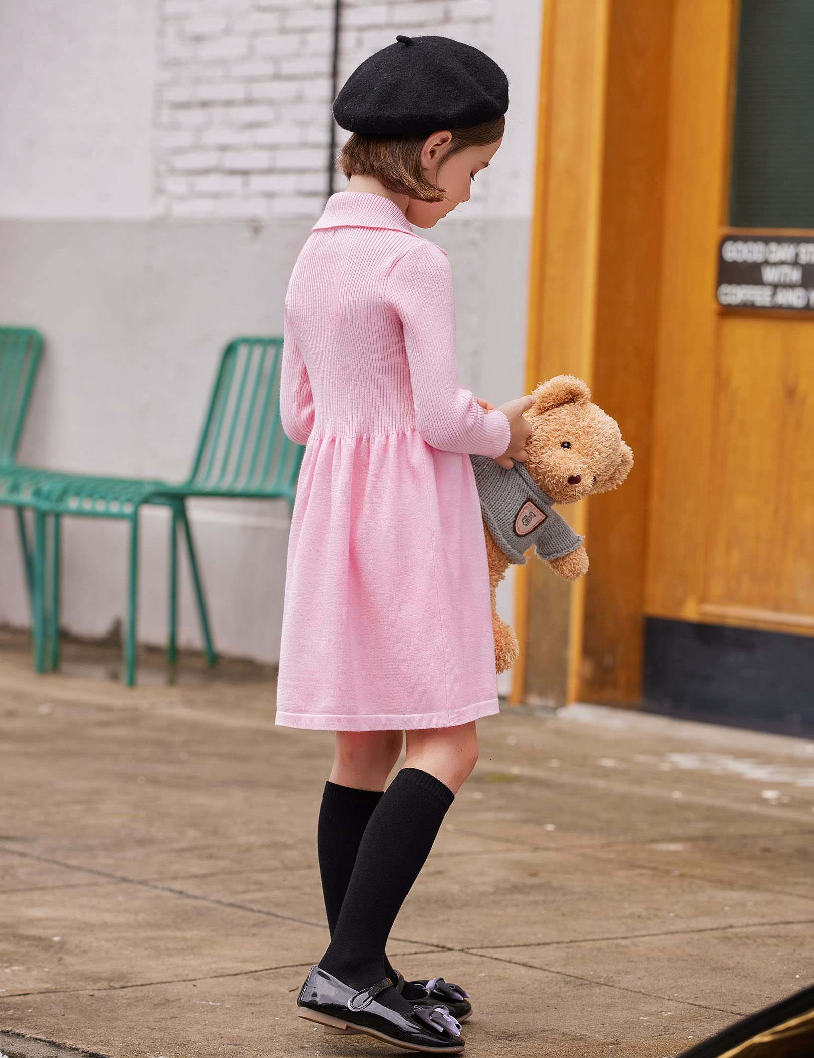 Flypigs Mädchen Strickkleid Winter Langarm Kleid Kinder Freizeitkleid Festlich Herbst Einfarbig Skaterkleid, Rosa, 11-12 Jahre, 146 152