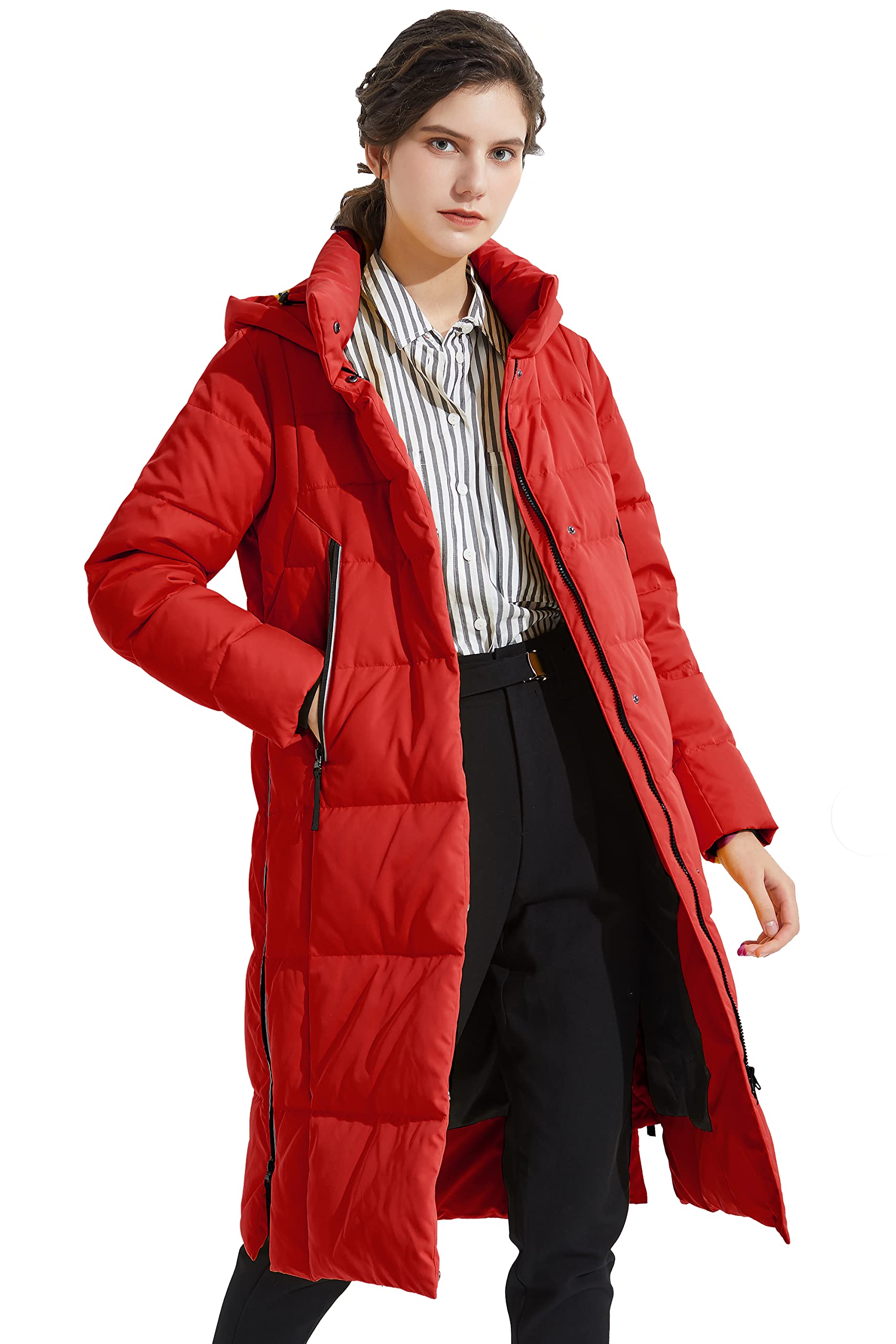 Orolay Damen Verdickte Daunenjacke Langer Wintermantel Mit Kapuze Pufferjacke Rot M