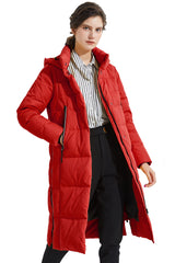 Orolay Damen Verdickte Daunenjacke Langer Wintermantel Mit Kapuze Pufferjacke Rot M