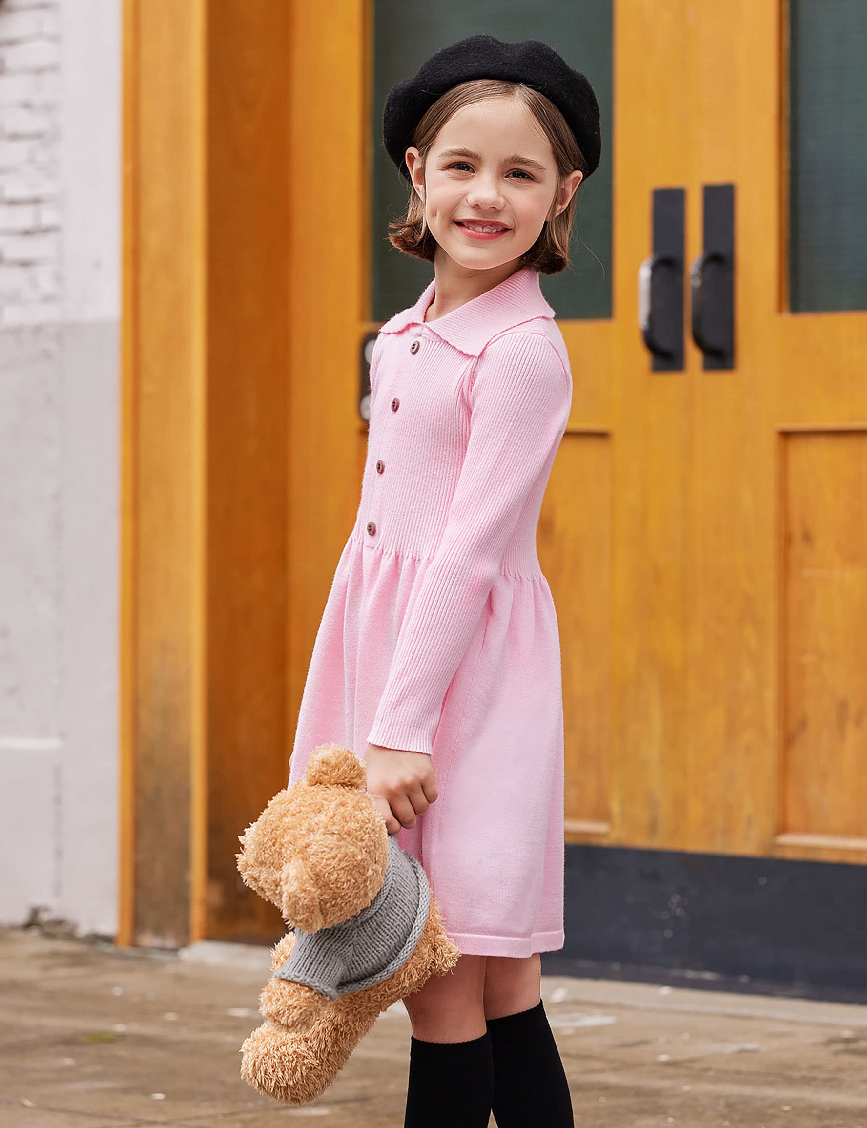 Flypigs Mädchen Strickkleid Winter Langarm Kleid Kinder Freizeitkleid Festlich Herbst Einfarbig Skaterkleid, Rosa, 11-12 Jahre, 146 152