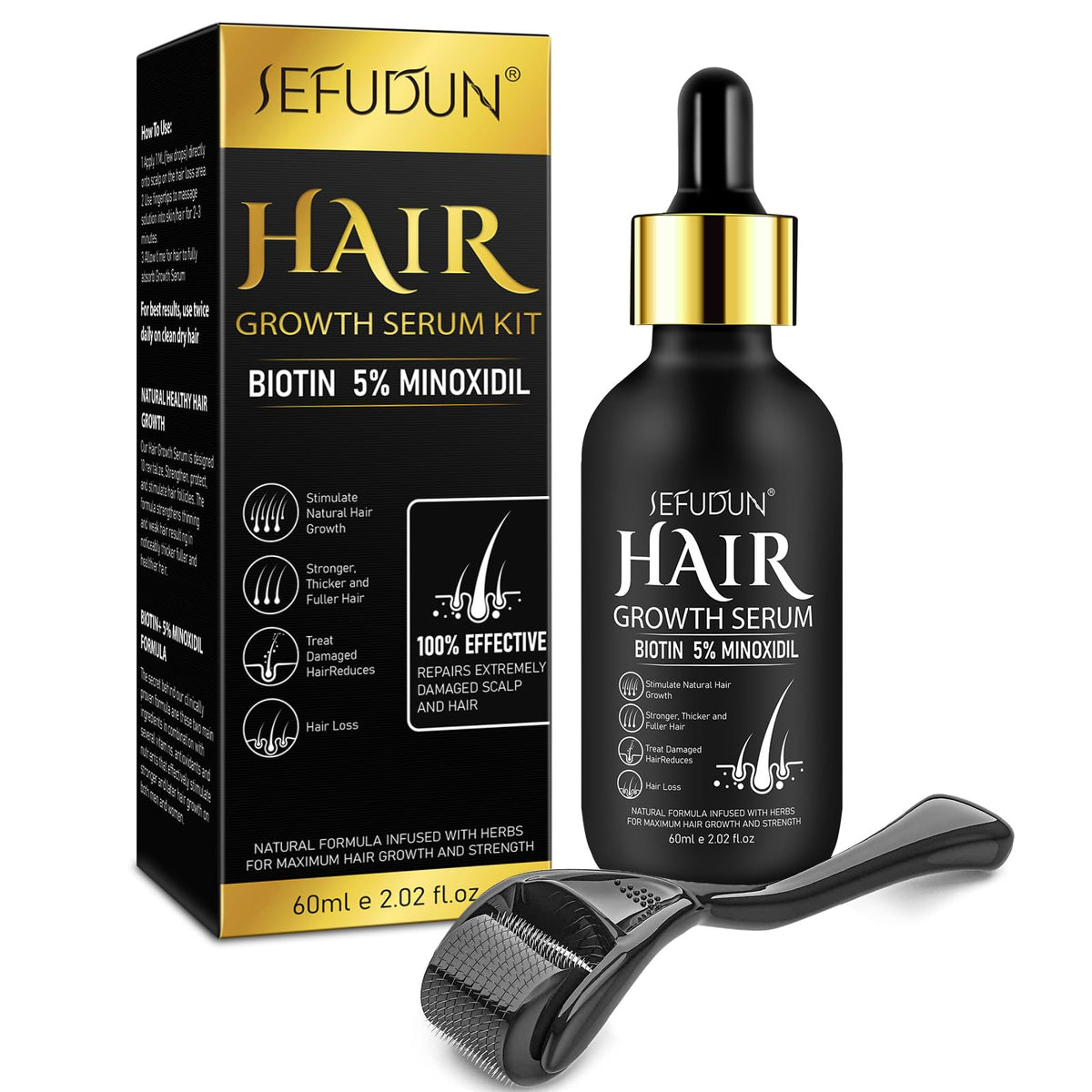 Bartwuchs-Set,Haarwuchs-Serum mit Biotin-Haarpflege für gesundes Haarwachstum für Männer Frauen-Verdicken und stärken für Haarwuchs und Bärten mit 0,25mm Roller-60ML