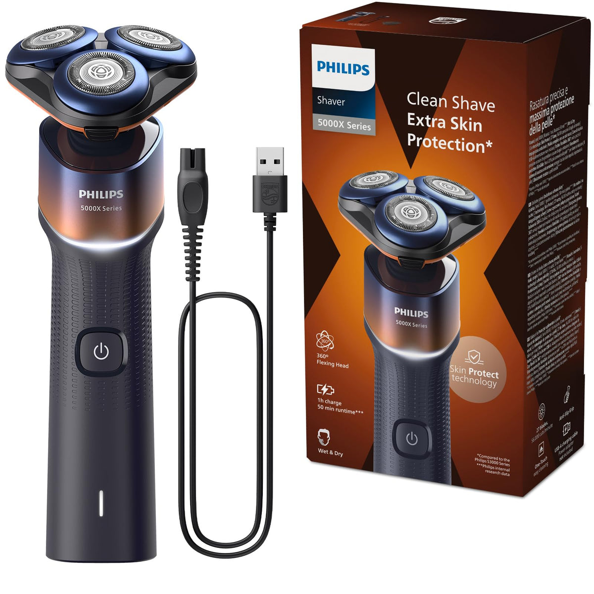 Philips Shaver Series 5000X, Elektrorasierer für Nass- und Trockenrasur, Skin Protect Technologie, flexibler 360-Grad-Scherkopf, Aufladen in 1 Std./5 Min Schnellladung (Modell X5012/00)