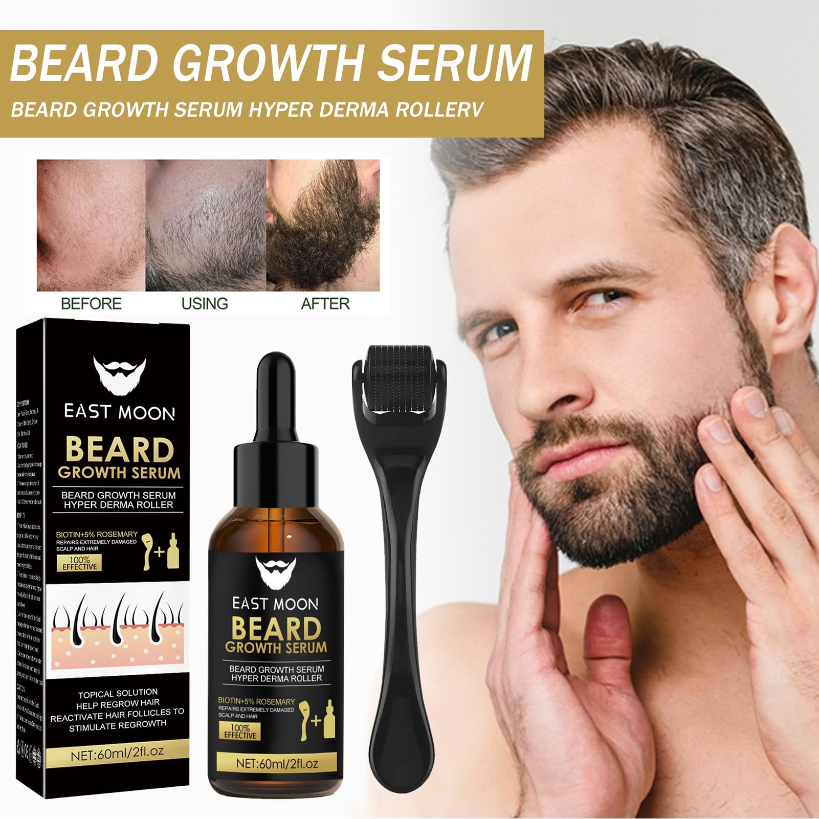 Bartwuchs Kit,Bartwachstum Set mit Dermaroller Bartroller,Bartwuchs Serum Öl/Beard Roller,Beard Growth Kit,Stimuliert Schnurrbart und Haarwachstum,Geschenke für Männer Vater