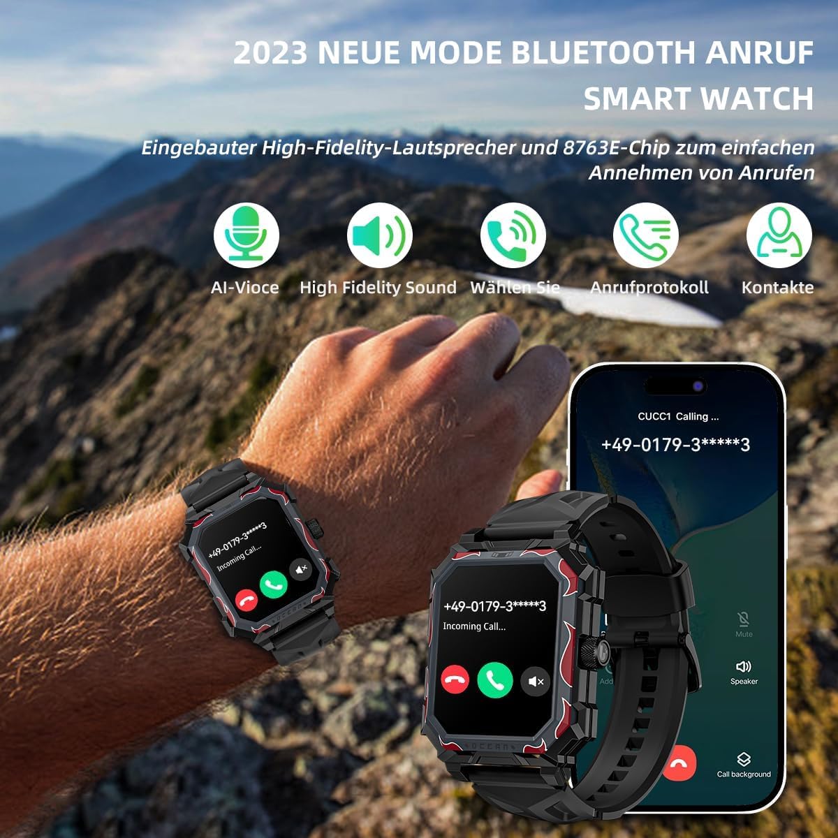 LOKMAT Ocean 1,96 Zoll Touchscreen Uhren Herren, MAX Militär Smartwatch Herren mit Telefonfunktion 650mAh 5ATM Wasserdicht 100+ Sportmodi Fitnessuhr Herren Sportuhr Outdoor Smartwatch für Android iOS