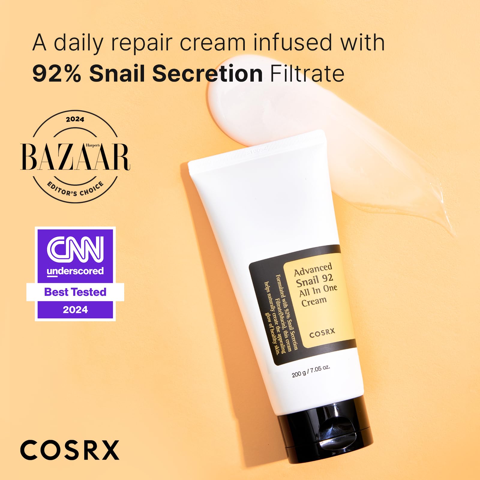 COSRX Advanced Snail 92% All in One Cream Tube 200g, Feuchtigkeitscreme mit Schneckenschleim und Hyaluron, für trockene und empfindliche Haut, Anti Rötungen, tierversuchsfrei, Korean Skincare