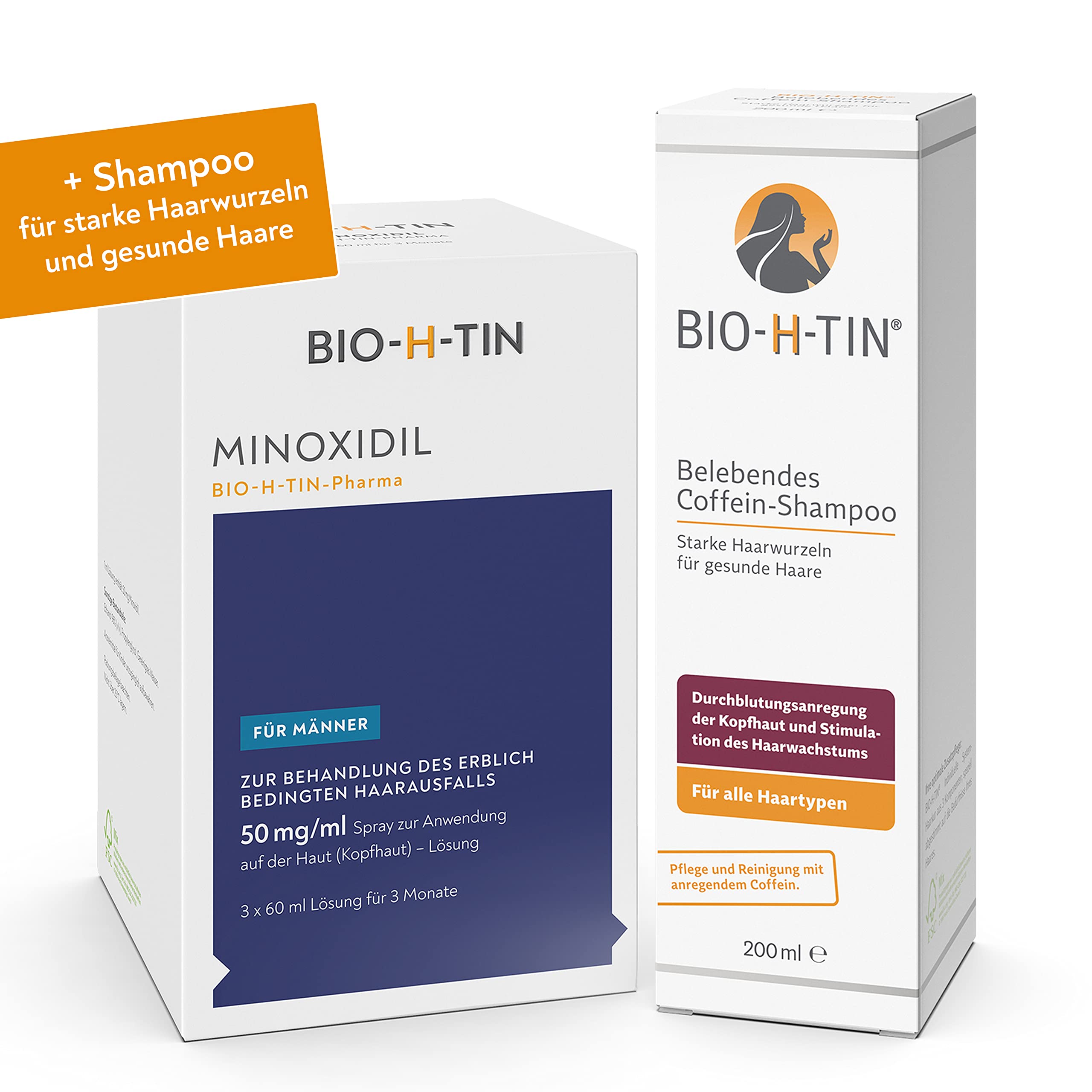 Minoxidil BIO-H-TIN 50 mg/ml Spray, Lösung zum Auftragen auf die Kopfhaut 3x 60 ml + BIO-H-TIN Belebendes Coffein-Shampoo, 200 ml