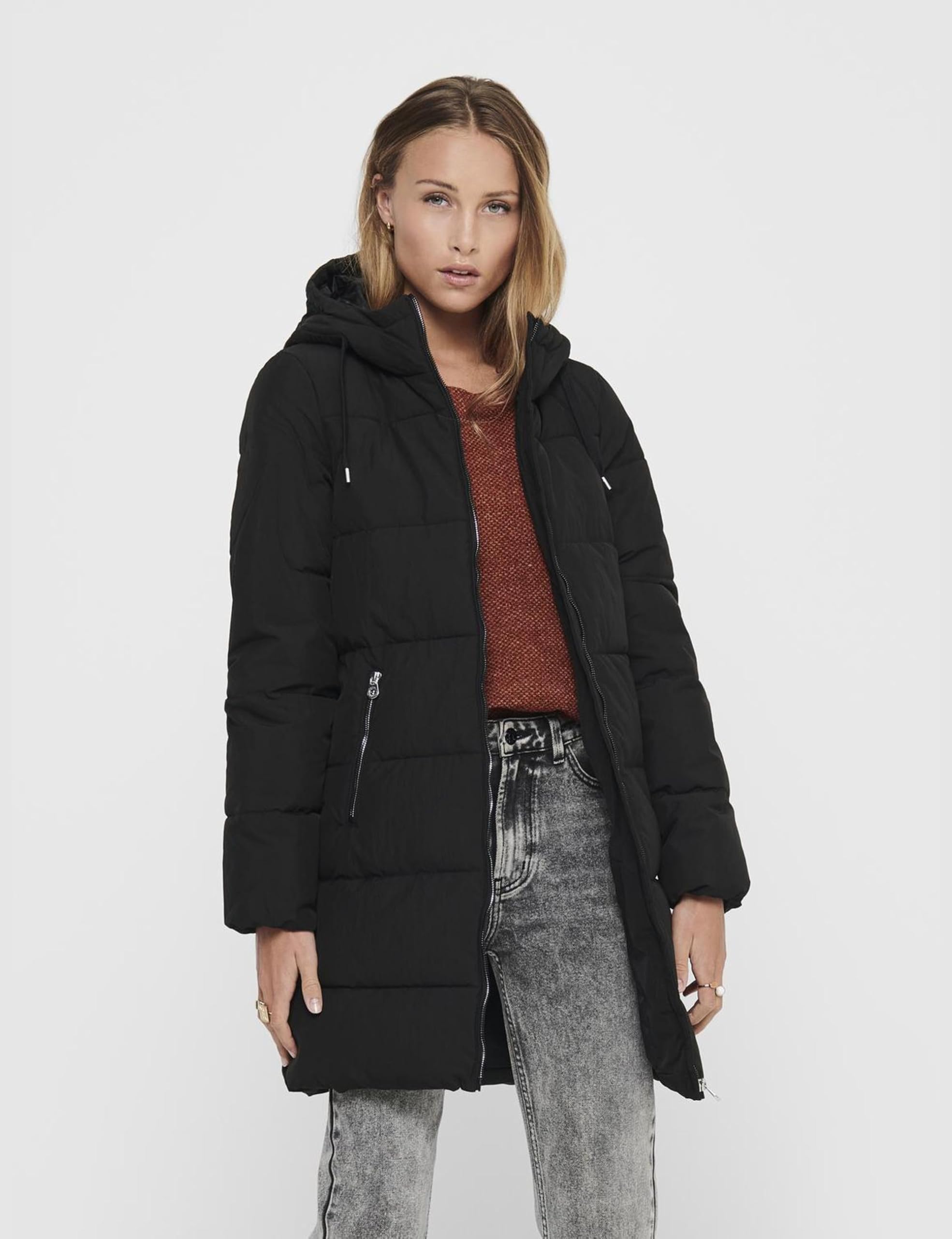 ONLY Damen Lange Puffer Jacke | Warmer Stepp Wintermantel mit Kapuze | Wattierter Blouson ONLDOLLY, Farben:Schwarz, Größe:M