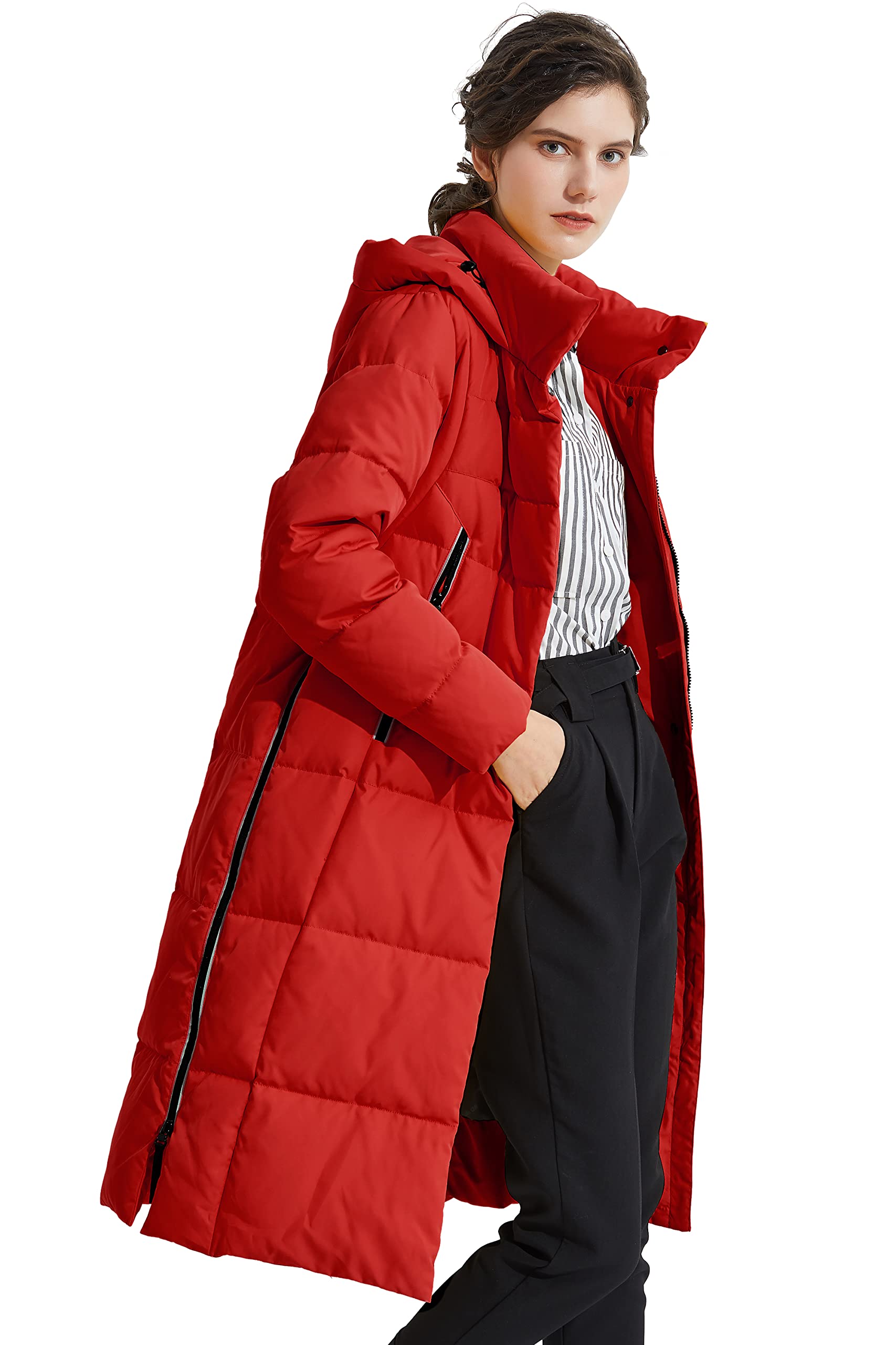 Orolay Damen Verdickte Daunenjacke Langer Wintermantel Mit Kapuze Pufferjacke Rot M