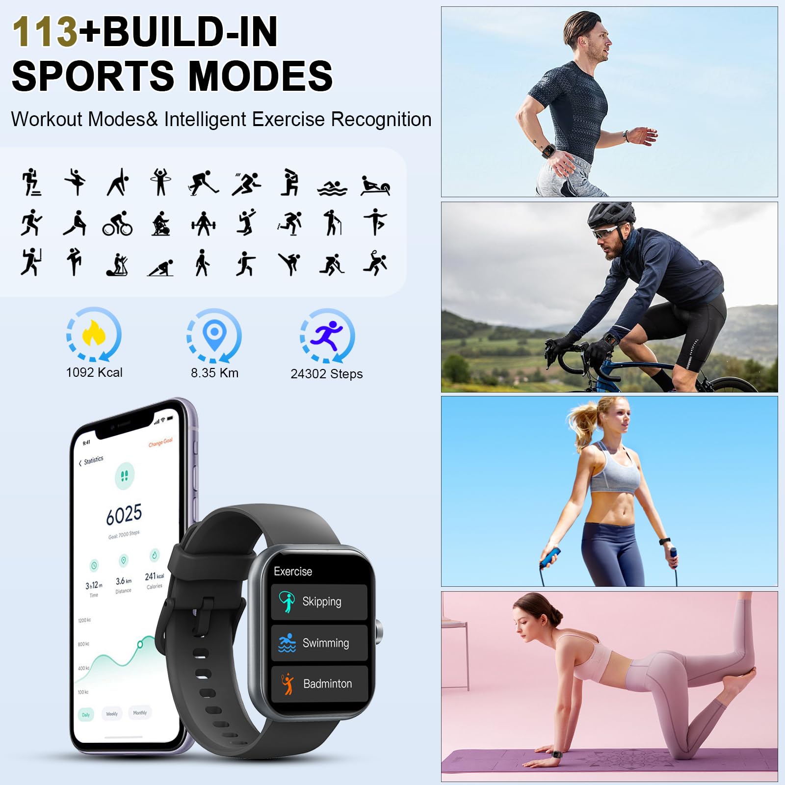 Smartwatch Herren Damen, 1,96"HD Touch Fitnessuhr mit Telefonfunktion, Smart Watch Fitness Tracker mit Pulsmesser Schlafmonitor Schrittzähler, 113+Sportmodi IP68 Wasserdicht Sportuhr für iOS Android