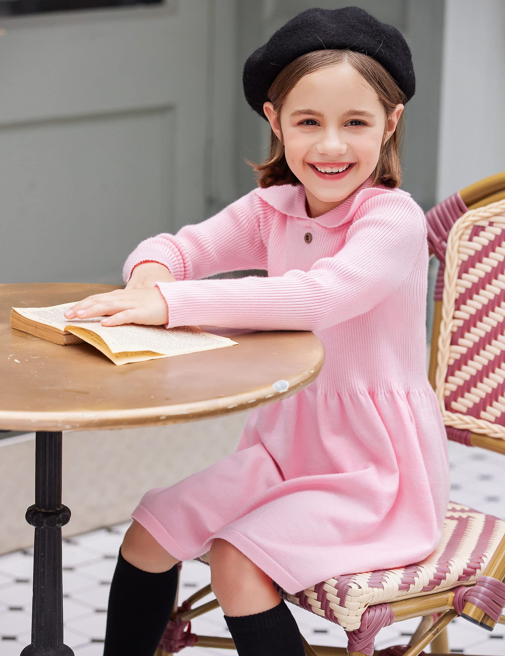 Flypigs Mädchen Strickkleid Winter Langarm Kleid Kinder Freizeitkleid Festlich Herbst Einfarbig Skaterkleid, Rosa, 11-12 Jahre, 146 152