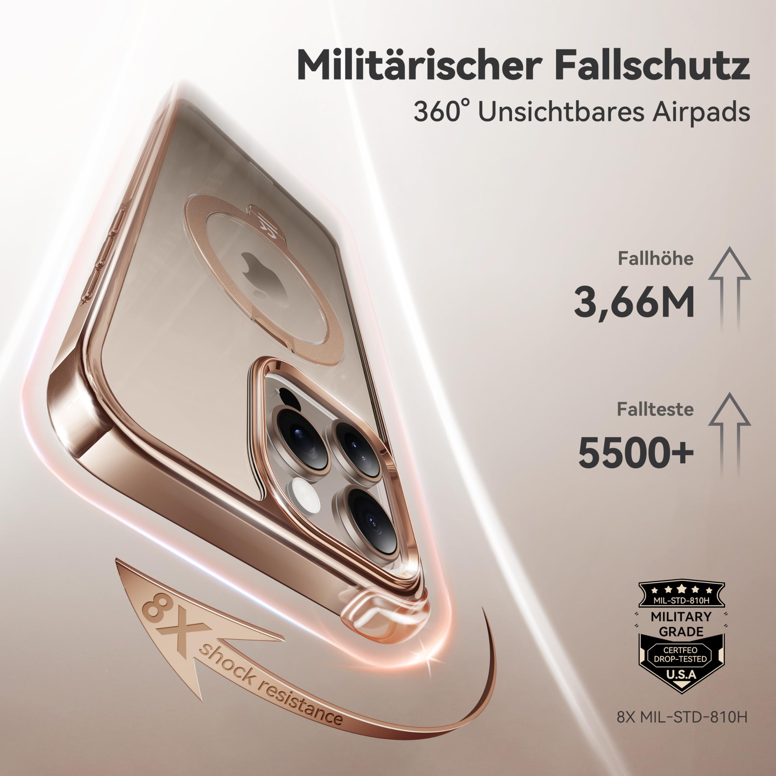 CASEKOO Original Titan Wüstensand für iPhone 16 Pro Hülle mit MagSafe & 360° Unsichtbarer Ständer [Militärschutz] Stoßfest Schutzhülle Griffig Case Dünn Handyhülle, MagicStand Pro-Version, Gold