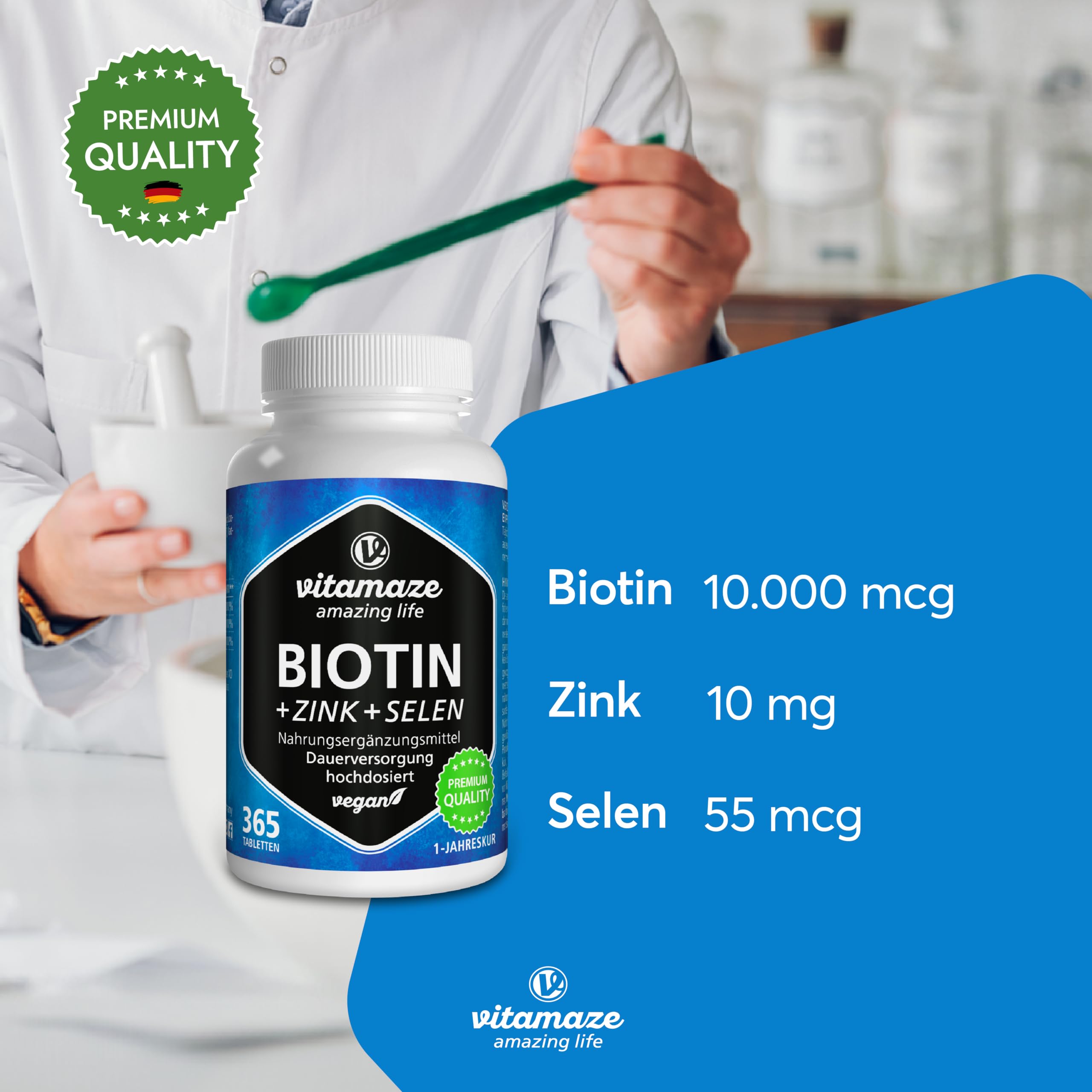 Biotin hochdosiert 10.000 mcg + Selen + Zink für Haarwuchs, Haut & Nägel, 365 vegane Tabletten für 1 Jahr, Nahrungsergänzung ohne Zusatzstoffe, Made in Germany