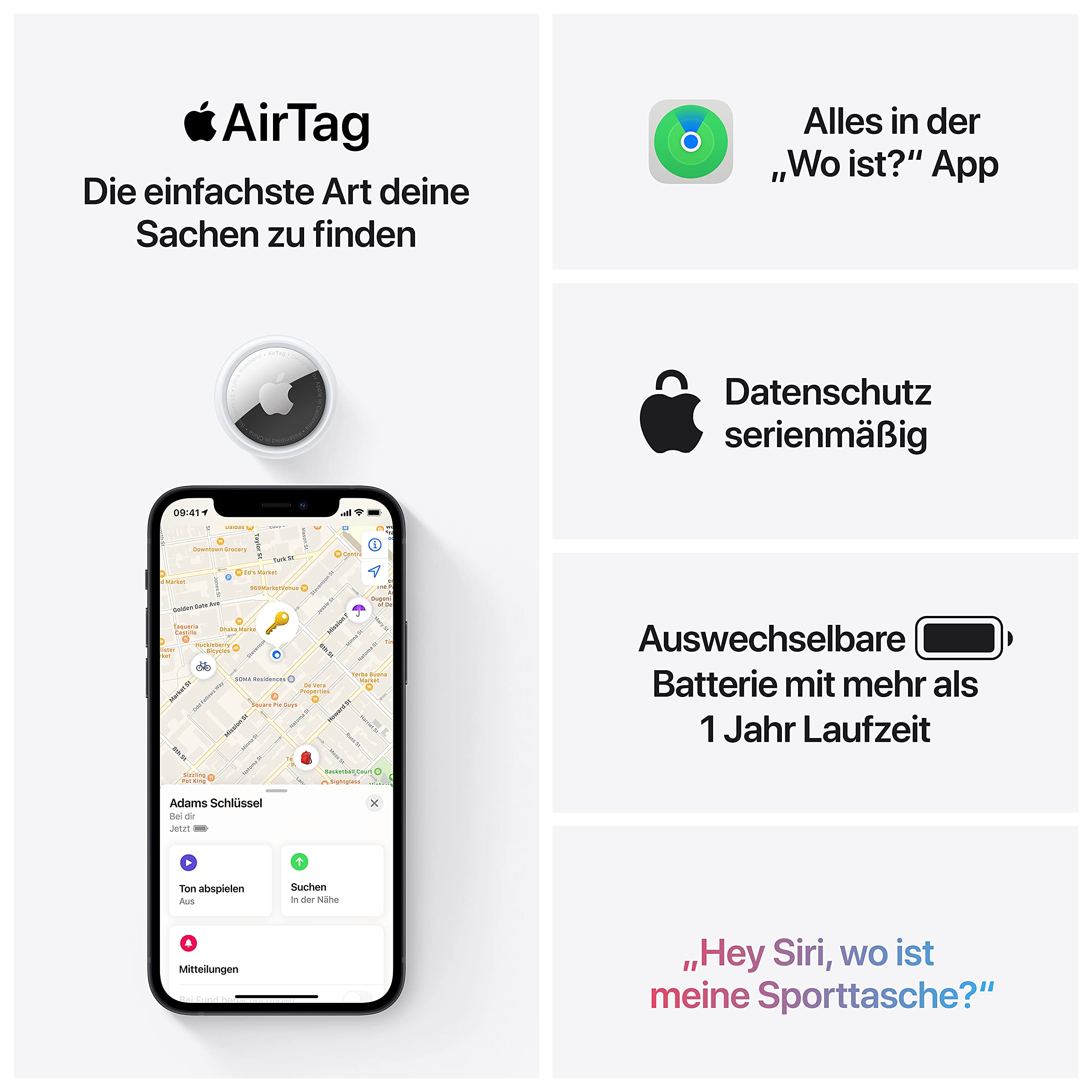 Apple AirTag - Finde und behalte Deine Sachen im Blick: Schlüssel, Geldbörsen, Gepäck, Rucksäcke und mehr. Einfaches Einrichten mit iPhone oder iPad. Austauschbare Batterie