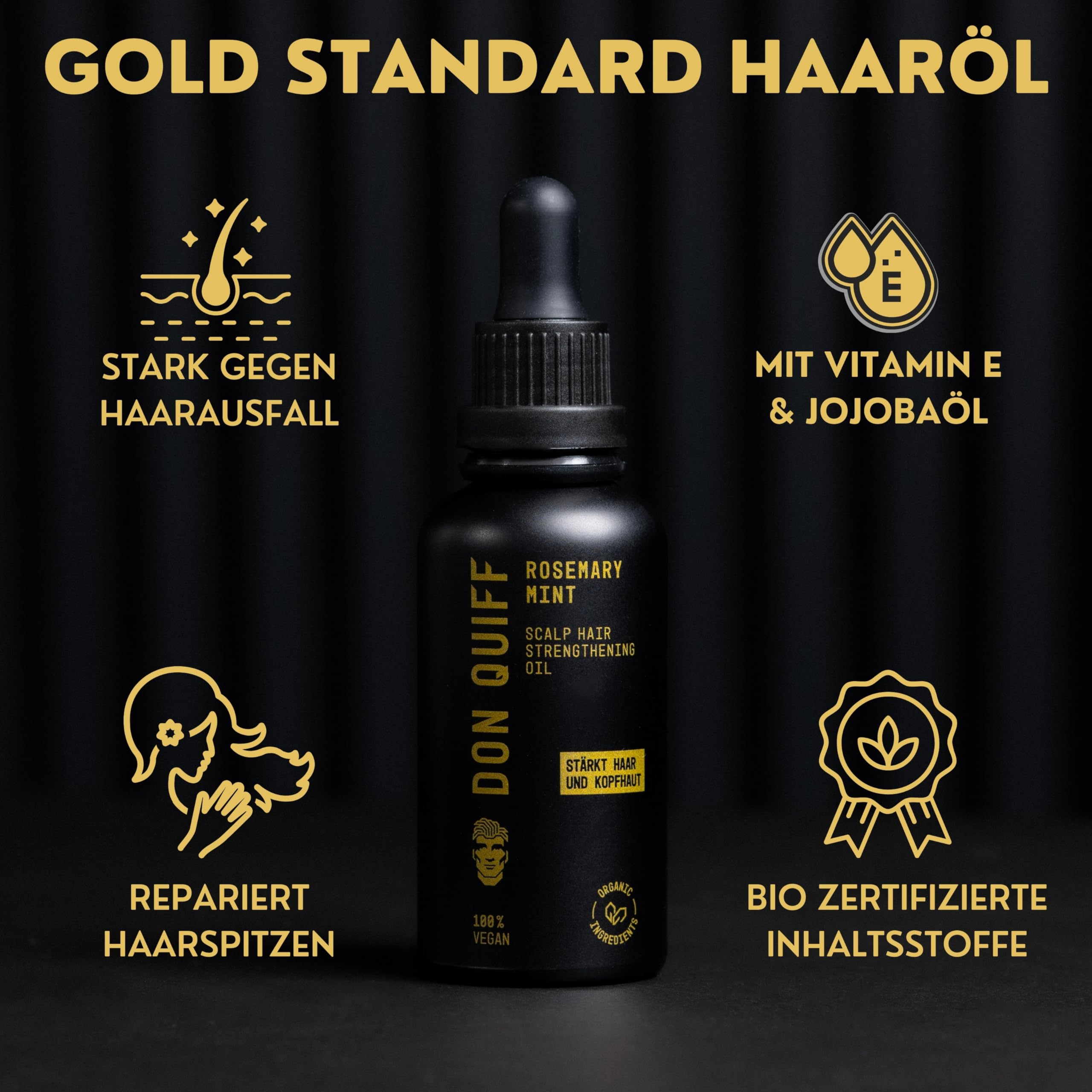 Don Quiff® Rosmarin+ Haaröl gegen Haarausfall, AntiSpliss |MADE IN GERMANY| BIO Qualität |HOCHDOSIERT| Vegan, stärkt Kopfhaut & Haare, Repair |GOLD STANDARD| SalonQualität