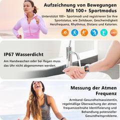 Popglory Smartwatch für Damen Herren, 1.85 Zoll Touch-Farbdisplay mit Bluetooth Anrufe,Fitnessuhr mit SpO2 Blutdruckmessung Herzfrequenz Schrittzähler Schlafmonitor, Musikwiedergabe, Silber,Grau