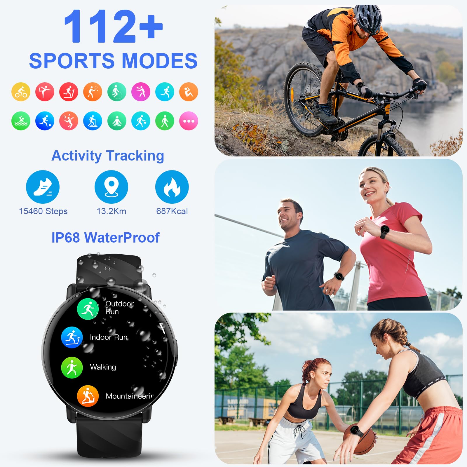 Smartwatch für Damen Herren, 1.39'' HD Touchscreen Smart Watch mit Telefonfunktion, IPX7 Wasserdicht Fitnessuhr mit SpO2 Pulsuhr Schrittzähler Schlafmonitor, 112+ Sportmodi Uhren für Android iOS