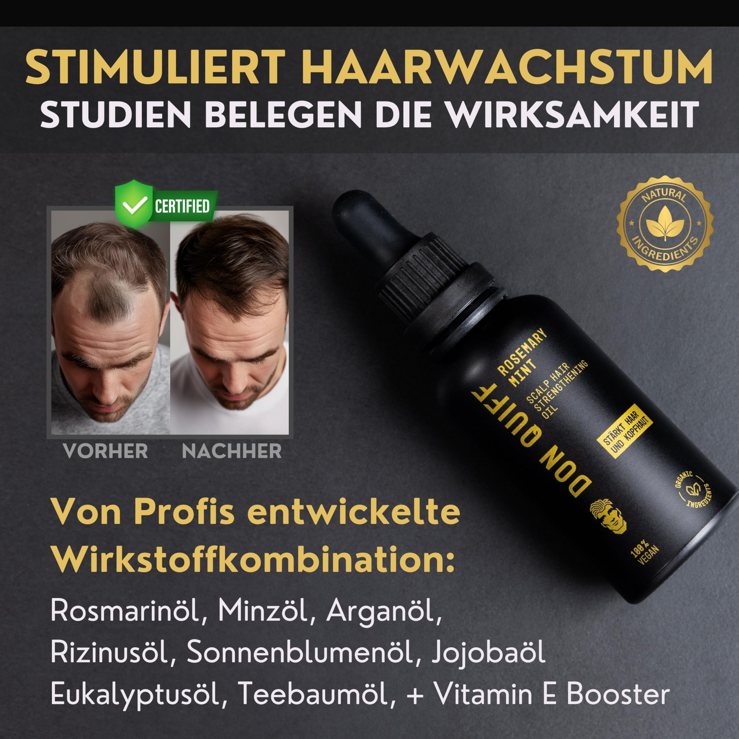 Don Quiff® Rosmarin+ Haaröl gegen Haarausfall, AntiSpliss |MADE IN GERMANY| BIO Qualität |HOCHDOSIERT| Vegan, stärkt Kopfhaut & Haare, Repair |GOLD STANDARD| SalonQualität