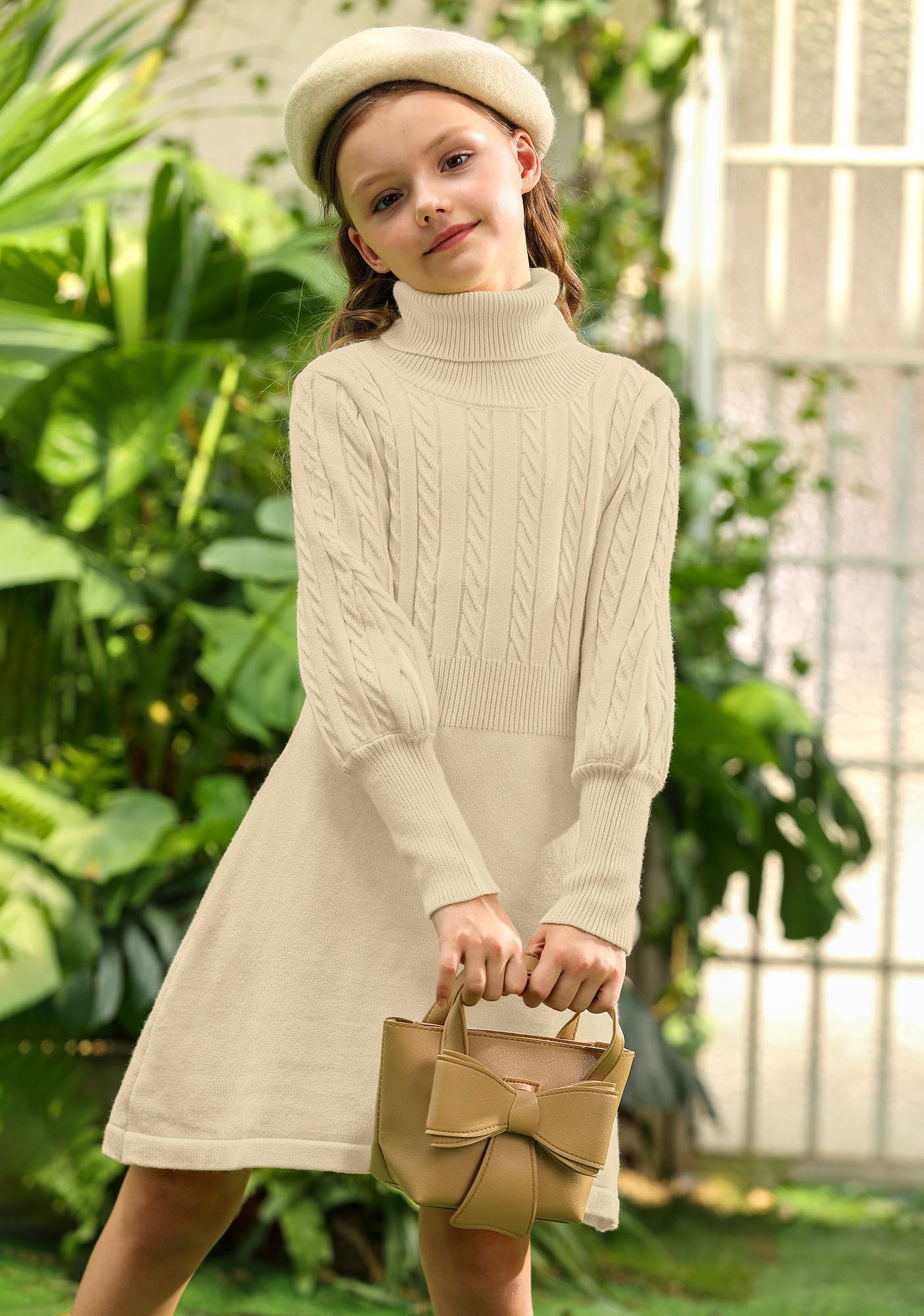 BesserBay Mädchen Winter Langarm Tunika Bequem Abendkleider Pullover Kleid Rollkragen Strickkleid Beige 140