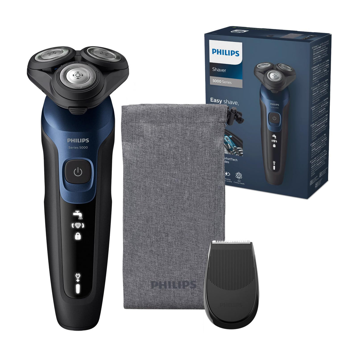 Philips Shaver Series 5000 – Elektrischer Nass- & Trockenrasierer für Herren in Metallic-Blau mit Präzisionstrimmer & weicher Transporttasche (Modell S5465/18)