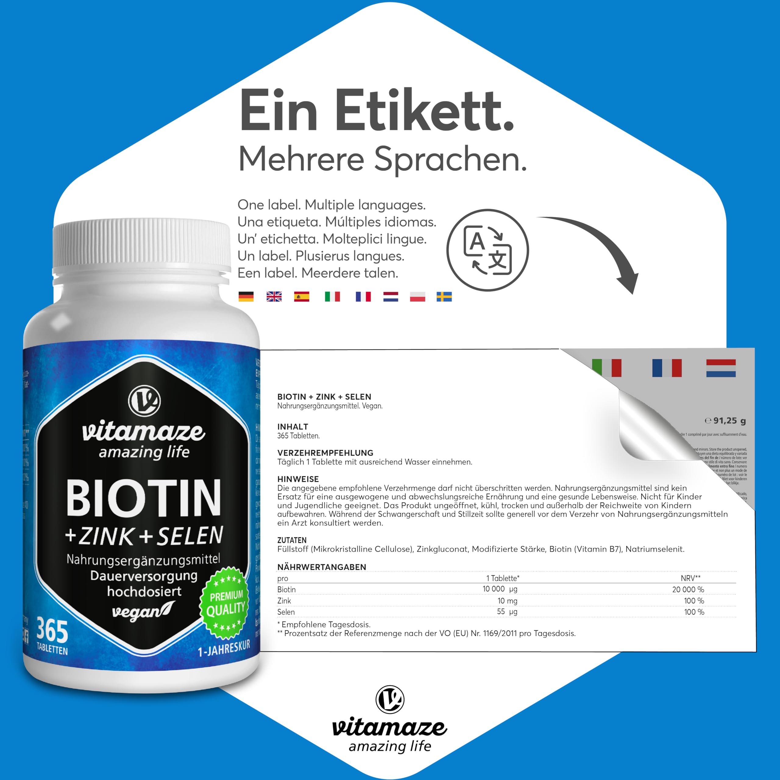 Biotin hochdosiert 10.000 mcg + Selen + Zink für Haarwuchs, Haut & Nägel, 365 vegane Tabletten für 1 Jahr, Nahrungsergänzung ohne Zusatzstoffe, Made in Germany