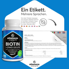 Biotin hochdosiert 10.000 mcg + Selen + Zink für Haarwuchs, Haut & Nägel, 365 vegane Tabletten für 1 Jahr, Nahrungsergänzung ohne Zusatzstoffe, Made in Germany