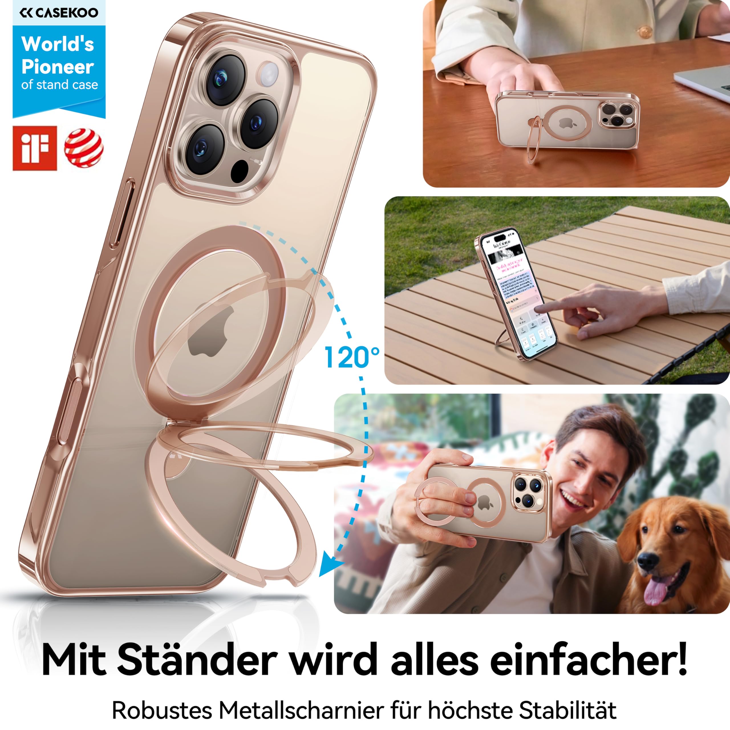 CASEKOO Original Titan Wüstensand für iPhone 16 Pro Max Hülle mit MagSafe & Unsichtbarer Ständer [Militärschutz] [Vergilbungsfrei] Clear Case Dünn Handyhülle Stoßfest Schutzhülle Cover Gold