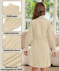 BesserBay Mädchen Winter Langarm Tunika Bequem Abendkleider Pullover Kleid Rollkragen Strickkleid Beige 140