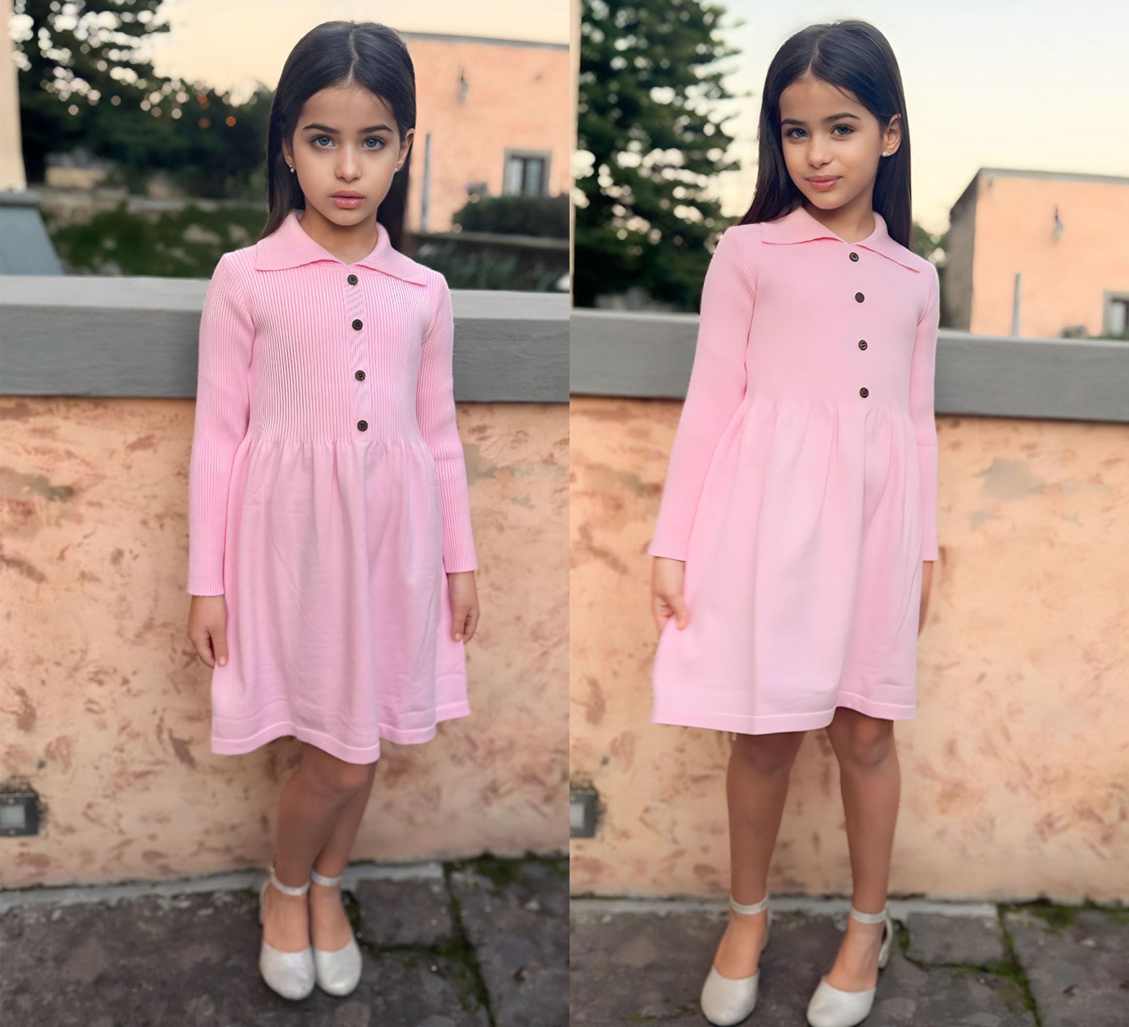 Flypigs Mädchen Strickkleid Winter Langarm Kleid Kinder Freizeitkleid Festlich Herbst Einfarbig Skaterkleid, Rosa, 11-12 Jahre, 146 152