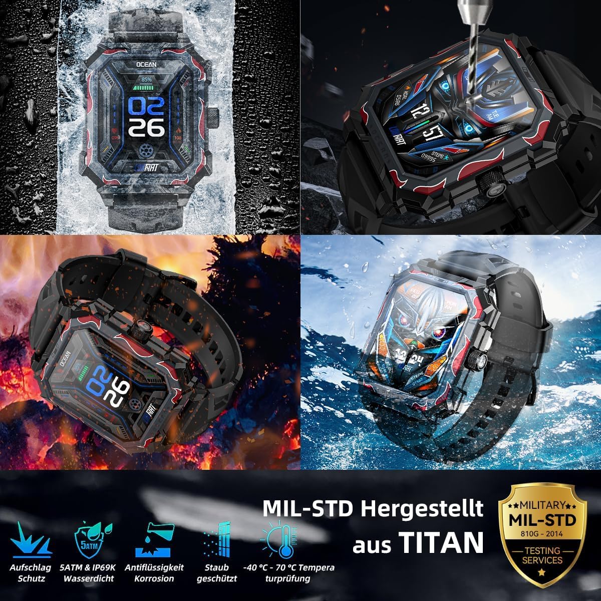 LOKMAT Ocean 1,96 Zoll Touchscreen Uhren Herren, MAX Militär Smartwatch Herren mit Telefonfunktion 650mAh 5ATM Wasserdicht 100+ Sportmodi Fitnessuhr Herren Sportuhr Outdoor Smartwatch für Android iOS