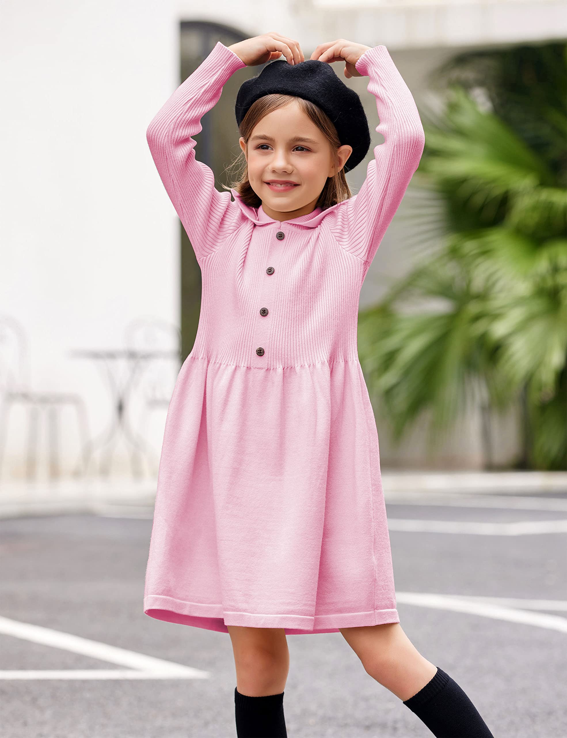 Flypigs Mädchen Strickkleid Winter Langarm Kleid Kinder Freizeitkleid Festlich Herbst Einfarbig Skaterkleid, Rosa, 11-12 Jahre, 146 152