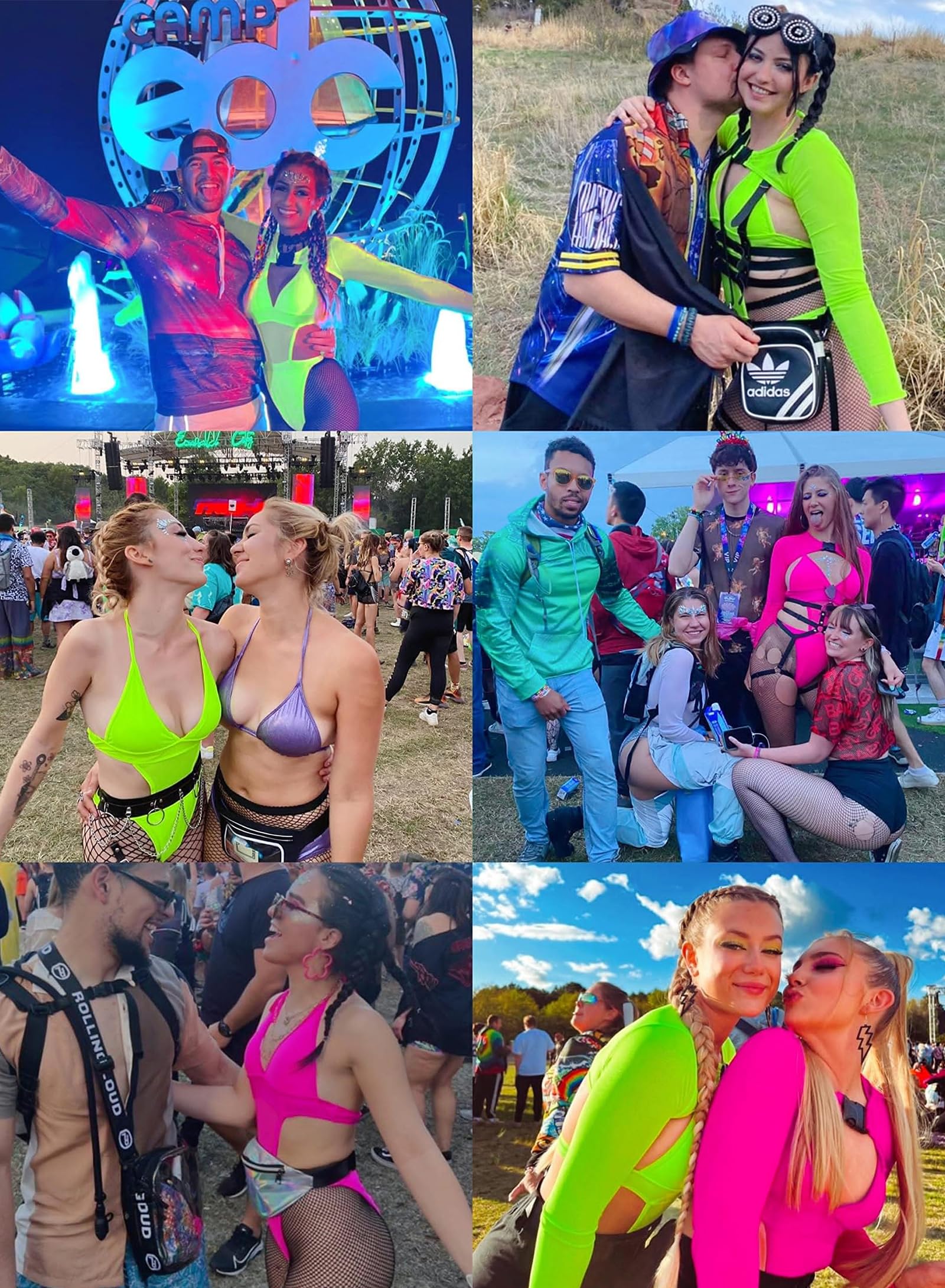 EVELUST Rave Outfits Für Damen - Festival Outfit Damen Sexy Neon Mesh Body Bodysuit Achselzucken Langarm Crop Tops Mit Schnalle Techno Klamotten Party Dance Badeanzug 2-Teilig(Rose,M,1017w)