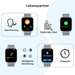 Popglory Smartwatch für Damen Herren, 1.85 Zoll Touch-Farbdisplay mit Bluetooth Anrufe,Fitnessuhr mit SpO2 Blutdruckmessung Herzfrequenz Schrittzähler Schlafmonitor, Musikwiedergabe, Silber,Grau