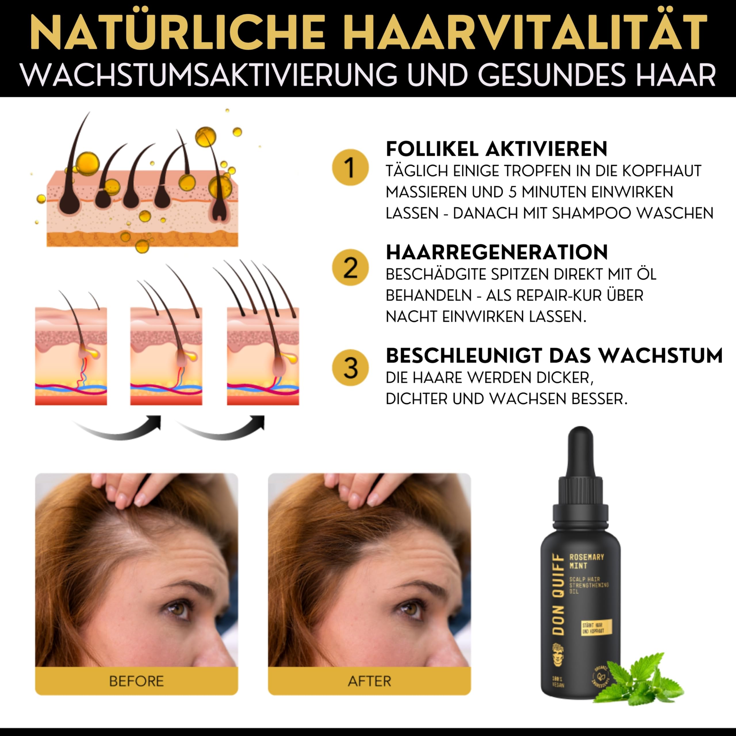 Don Quiff® Rosmarin+ Haaröl gegen Haarausfall, AntiSpliss |MADE IN GERMANY| BIO Qualität |HOCHDOSIERT| Vegan, stärkt Kopfhaut & Haare, Repair |GOLD STANDARD| SalonQualität