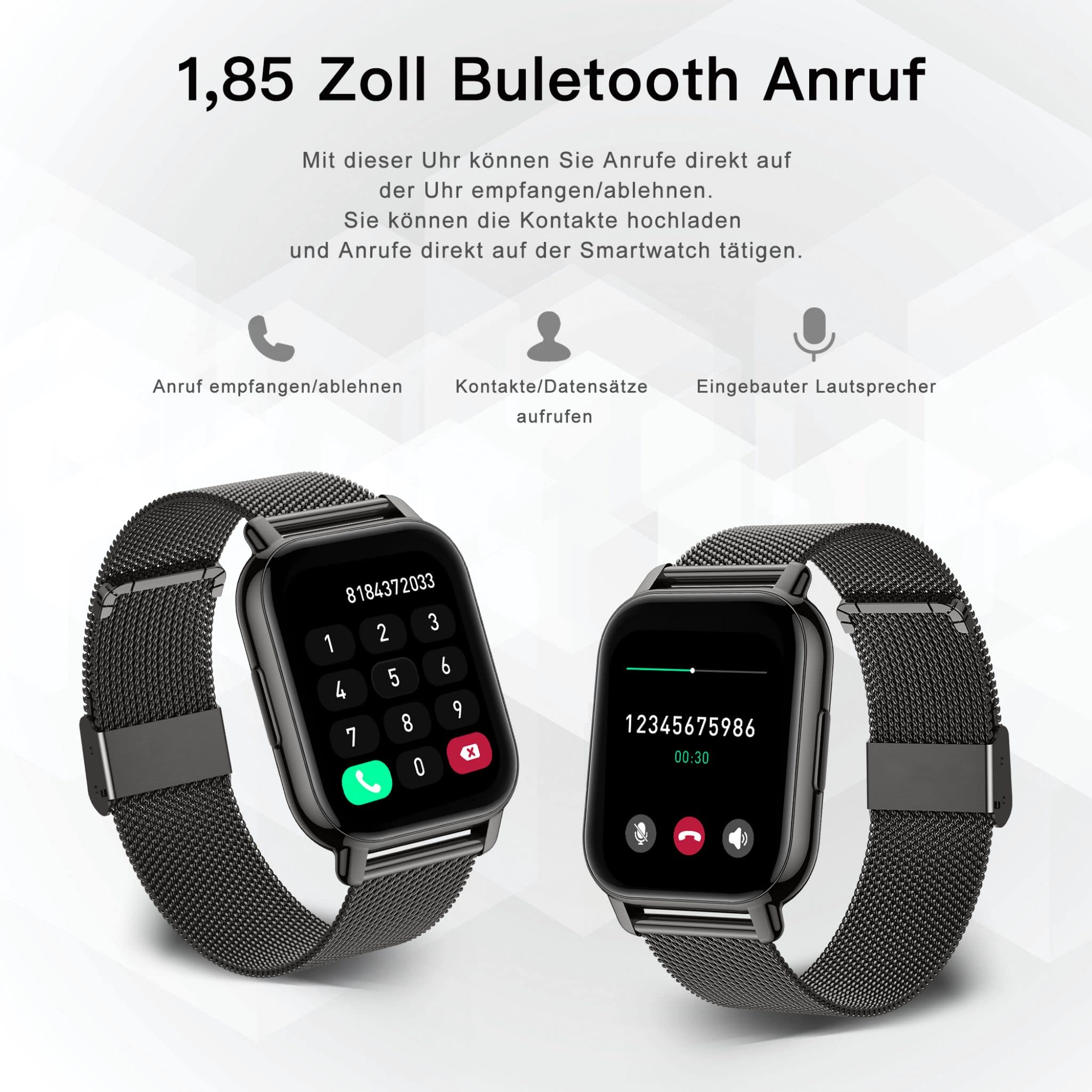 Popglory Smartwatch für Damen Herren, 1.85 Zoll Touch-Farbdisplay mit Bluetooth Anrufe,Fitnessuhr mit SpO2 Blutdruckmessung Herzfrequenz Schrittzähler Schlafmonitor, Musikwiedergabe