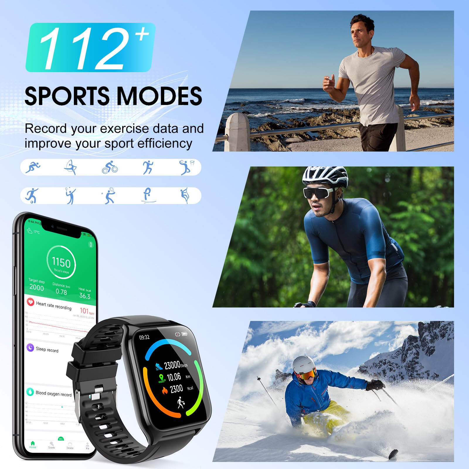 Smartwatch Damen Herren, 1,85"Zoll HD Touchscreen Smart Watch mit Bluetooth Anrufe, 112 Sportmodi Fitnessuhr, Herzfrequenzmonitor Schlafmonitor Schrittzähler, IP68 Wasserdicht für iOS Android, Schwarz