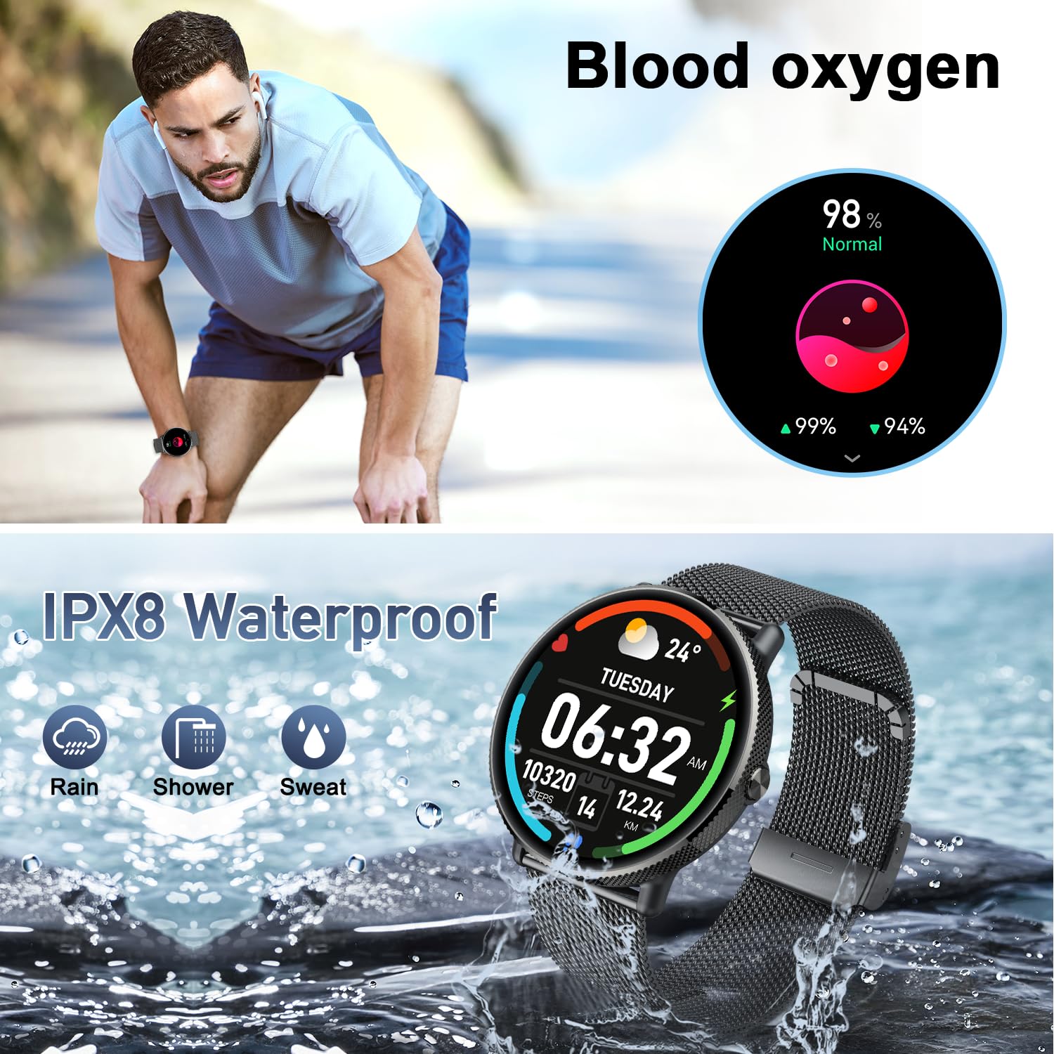 Smartwatch Herren Damen Fitnessuhr Armbanduhr: Wasserdicht Fitness tracker mit Telefonfunktion Anruf Smart Watch mit Herzfrequenz Schlafmonitor Schrittzähler Sportuhr Uhren für Android iOS Schwarz17