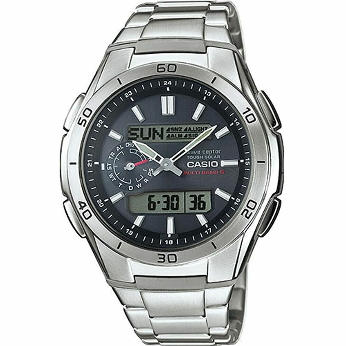 Casio Herrenuhr Casio Wave Ceptor Multibadn 6 Tough Solar Schwarz Grau Silberfarben (Ø 43,5 Mm)