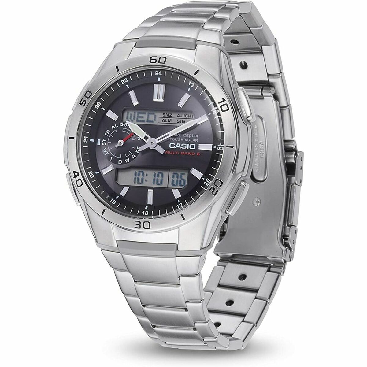 Casio Herrenuhr Casio Wave Ceptor Multibadn 6 Tough Solar Schwarz Grau Silberfarben (Ø 43,5 Mm)