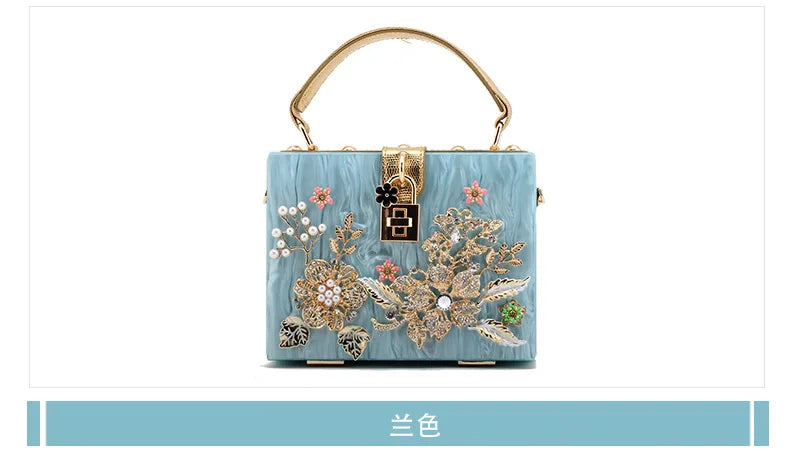 Vintage Blumen Diamant Frauen Handtasche Marmorierung Acryl Damen Box Kupplungen Hohe Qualität Frauen Hochzeit Braut Partei Schulter Taschen