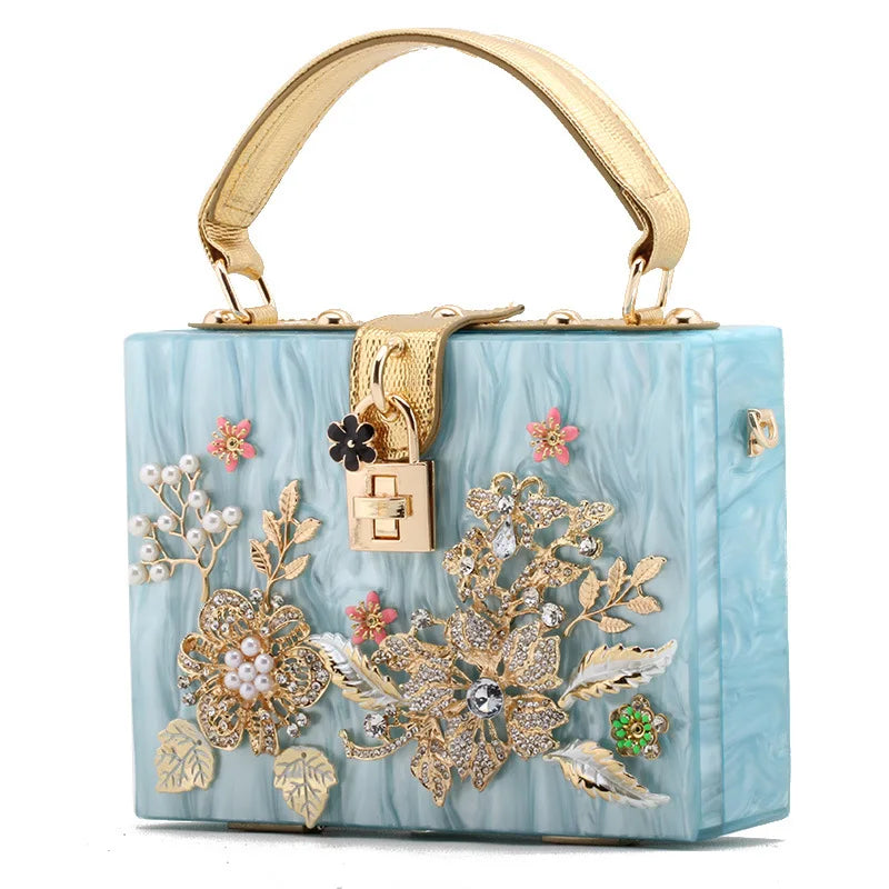 Vintage Blumen Diamant Frauen Handtasche Marmorierung Acryl Damen Box Kupplungen Hohe Qualität Frauen Hochzeit Braut Partei Schulter Taschen